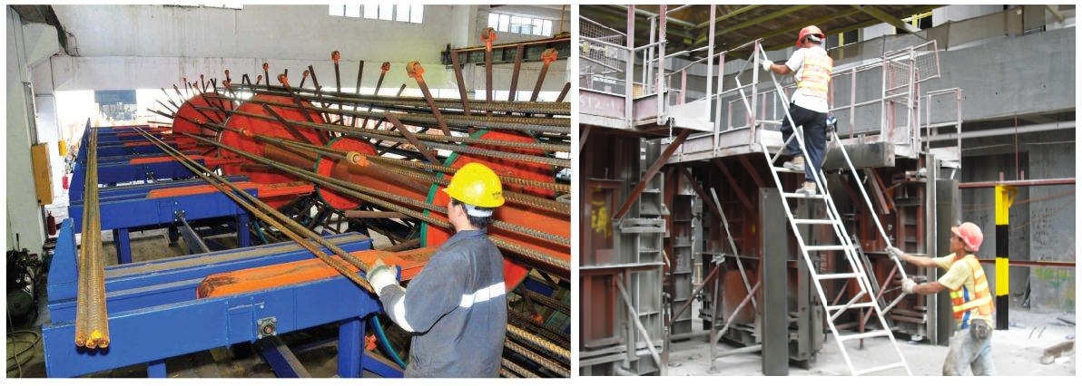 左圖:由专用机械及自动焊接机械臂在工厂进行安全扎结钻桩铁笼工序；右圖:铁模板存放区井井有条，提供安全进出通道