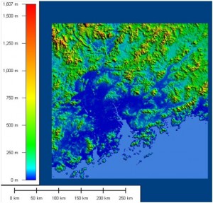 Current coastal formation and levels around the Pearl River Delta (sea level rise of 0m)