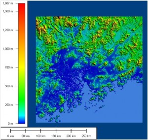 Inundation around the Pearl River Delta caused by a sea level rise of 1m